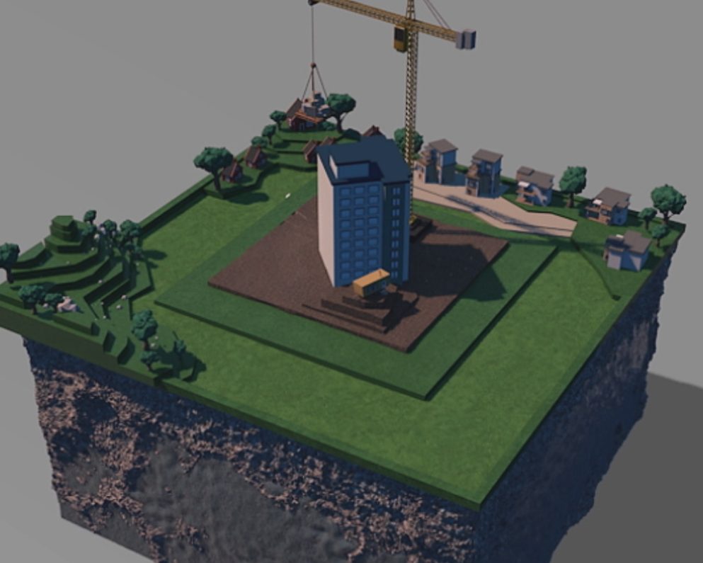 3D-illustrasjon av en byggeplass med kran og høyhus, med jordlagene under
